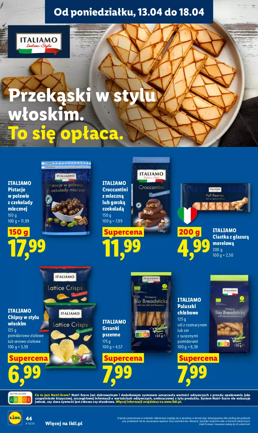 Gazetka promocyjna Lidl - Gazetka ważna od 13.04 do 15.04 - ważna 13.04 do 15.04.2026 - strona 44 - produkty: Chipsy, Chleb, Ciastka, Lazur, Pistacje, Ser, Sól