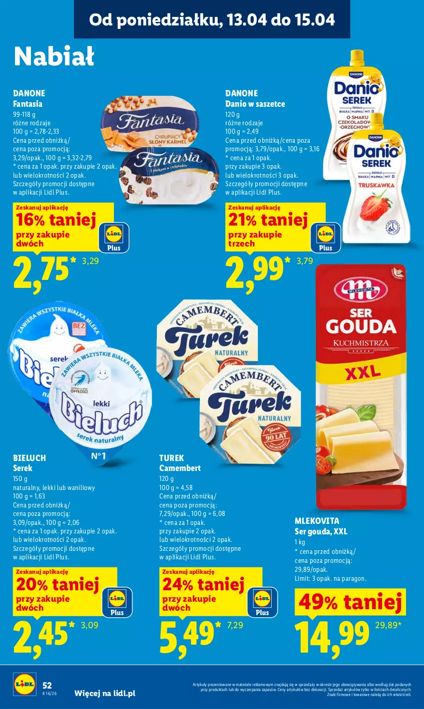 Gazetka promocyjna Lidl - Gazetka ważna od 13.04 do 15.04 - ważna 13.04 do 15.04.2026 - strona 56 - produkty: Bieluch, Camembert, Danio, Danone, Danone Fantasia, Fa, Fanta, Gouda, Mleko, Mlekovita, Ser, Serek