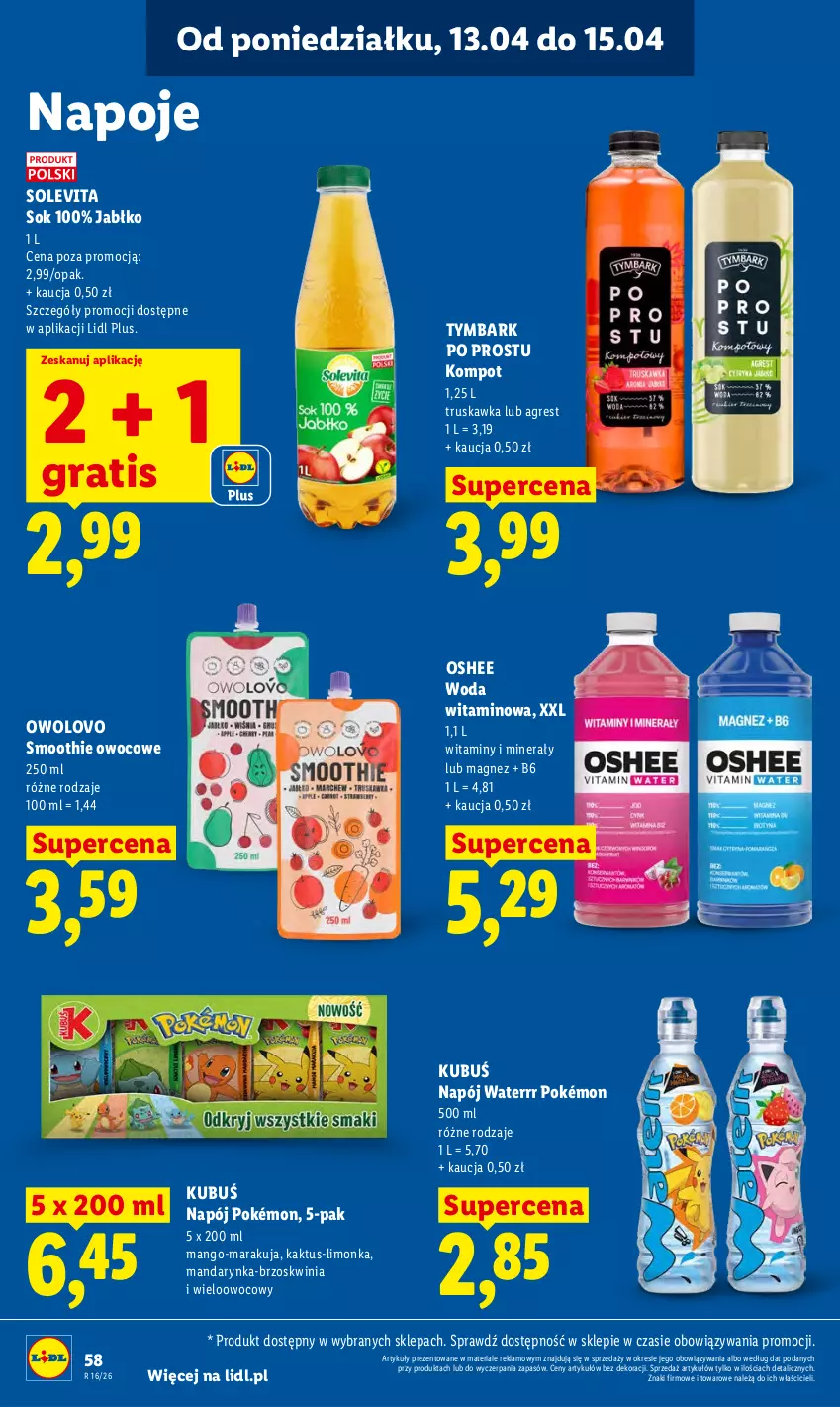 Gazetka promocyjna Lidl - Gazetka ważna od 13.04 do 15.04 - ważna 13.04 do 15.04.2026 - strona 64 - produkty: Gra, Gres, Kaktus, Kubuś, Limonka, Magnez, Mango, Napój, Napoje, Oshee, Pokémon, Smoothie, Sok, Tymbark, Woda