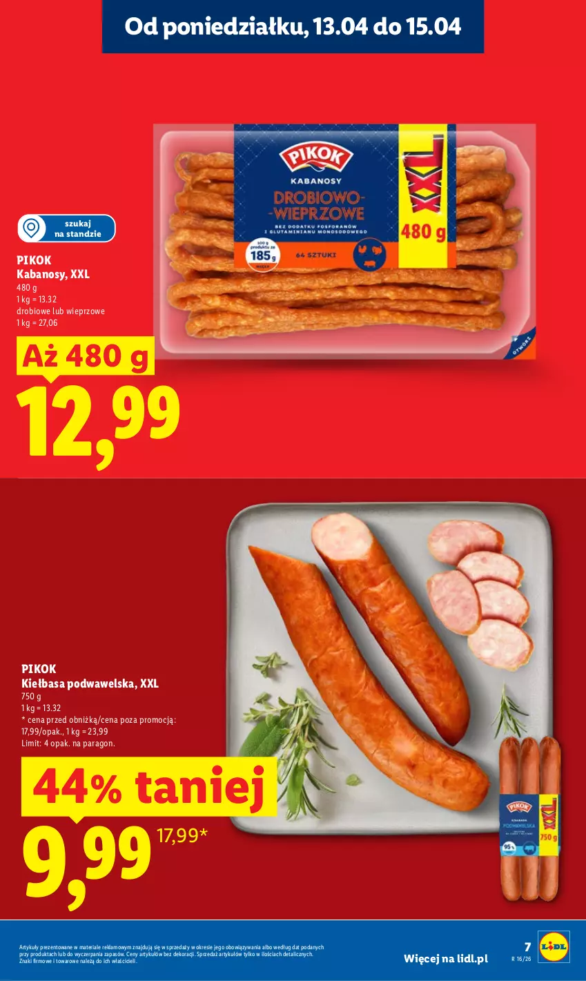 Gazetka promocyjna Lidl - Gazetka ważna od 13.04 do 15.04 - ważna 13.04 do 15.04.2026 - strona 7 - produkty: Kabanos, Kiełbasa, Kiełbasa podwawelska, PIKOK, Wawel