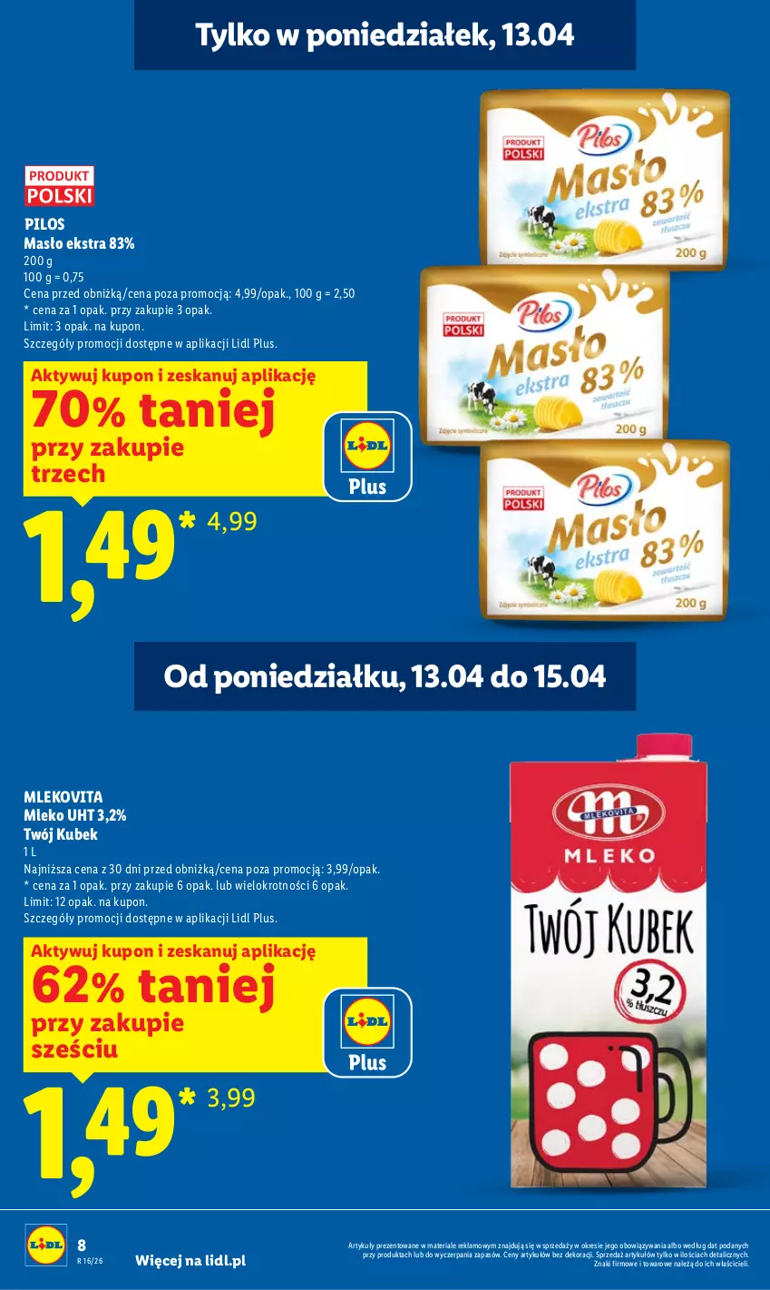 Gazetka promocyjna Lidl - Gazetka ważna od 13.04 do 15.04 - ważna 13.04 do 15.04.2026 - strona 8 - produkty: Kubek, Masło, Mleko, Mlekovita, Pilos