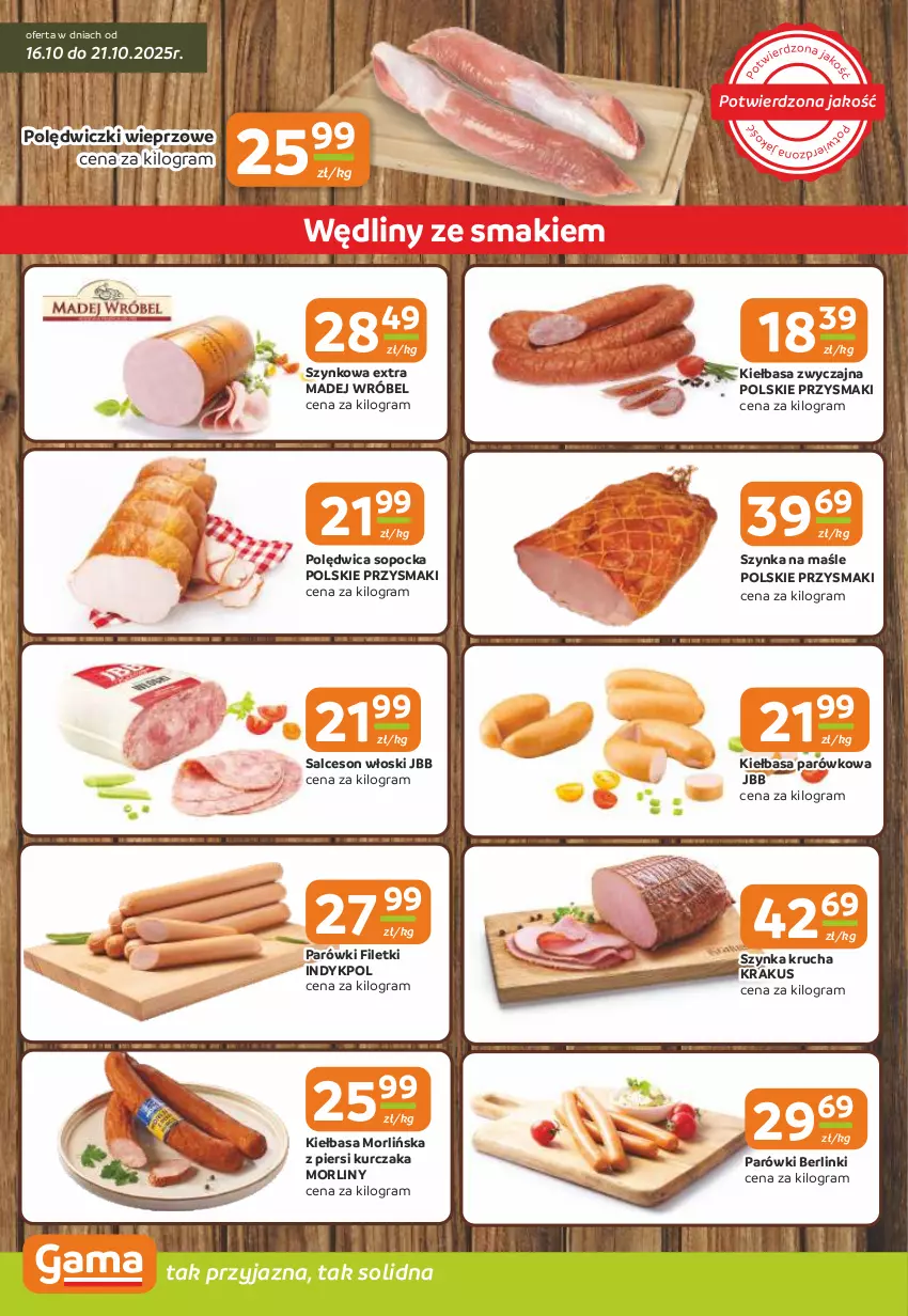 Gazetka promocyjna Gama - Gazetka Gama - ważna 16.10 do 28.10.2025 - strona 2 - produkty: Berlinki, Gra, Kiełbasa, Krakus, Kurczak, Madej Wróbel, Morliny, Parówki, Polędwica, Przysmaki, Salceson, Szynka