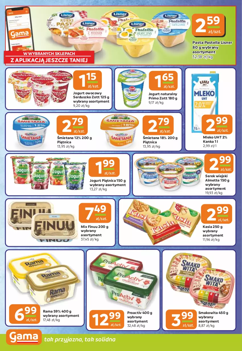 Gazetka promocyjna Gama - Gazetka Gama - ważna 16.10 do 28.10.2025 - strona 6 - produkty: Almette, Finuu, Jogurt, Jogurt naturalny, Jogurt owocowy, Kasia, Lisner, Mleko, Pastella, Piątnica, Rama, Ser, Serek, Serek wiejski, Smakowita, Zott