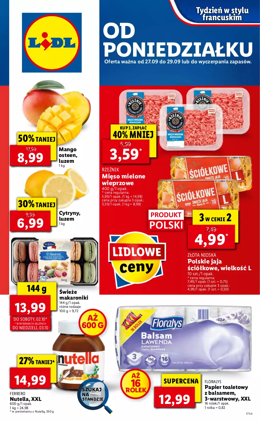 Gazetka promocyjna Lidl - GAZETKA - ważna 27.09 do 29.09.2021 - strona 1 - produkty: Cytryny, Ferrero, Flora, Jaja, Makaron, Mango, Mięso, Mięso mielone, Nutella, Papier, Papier toaletowy, Por