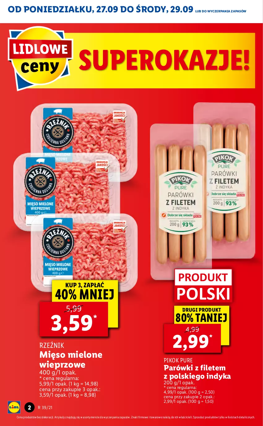 Gazetka promocyjna Lidl - GAZETKA - ważna 27.09 do 29.09.2021 - strona 2 - produkty: Mięso, Mięso mielone, Parówki, PIKOK, Pur