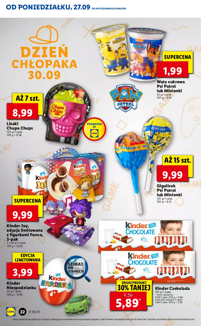 Gazetka promocyjna Lidl - GAZETKA - ważna 27.09 do 29.09.2021 - strona 22 - produkty: Chupa Chups, Czekolada, Gin, Kinder, Lizaki, Psi Patrol, Ser, Wata cukrowa