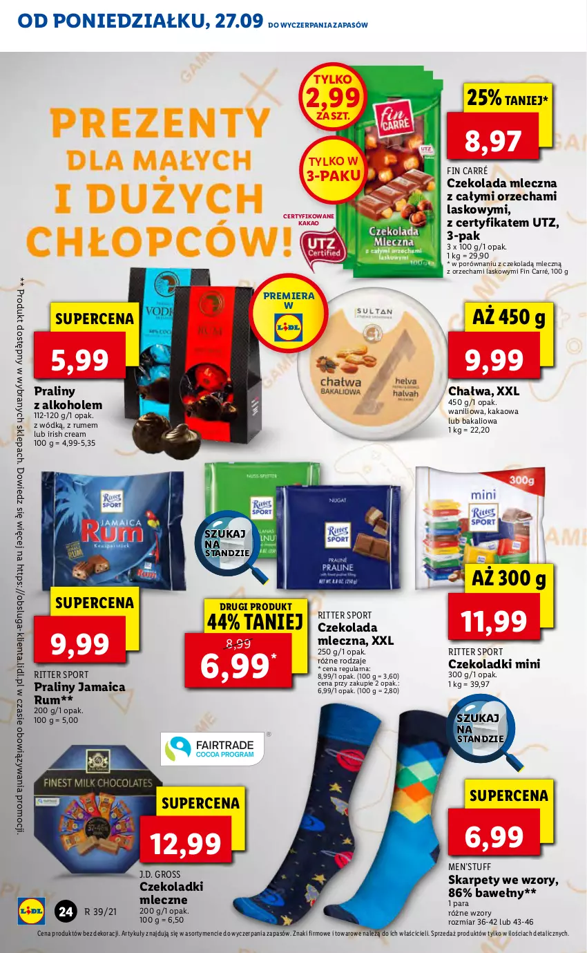 Gazetka promocyjna Lidl - GAZETKA - ważna 27.09 do 29.09.2021 - strona 24 - produkty: Alkohole, Chałwa, Czekolada, Czekolada mleczna, Kakao, Karp, Por, Praliny, Ritter Sport, Rum, Sport