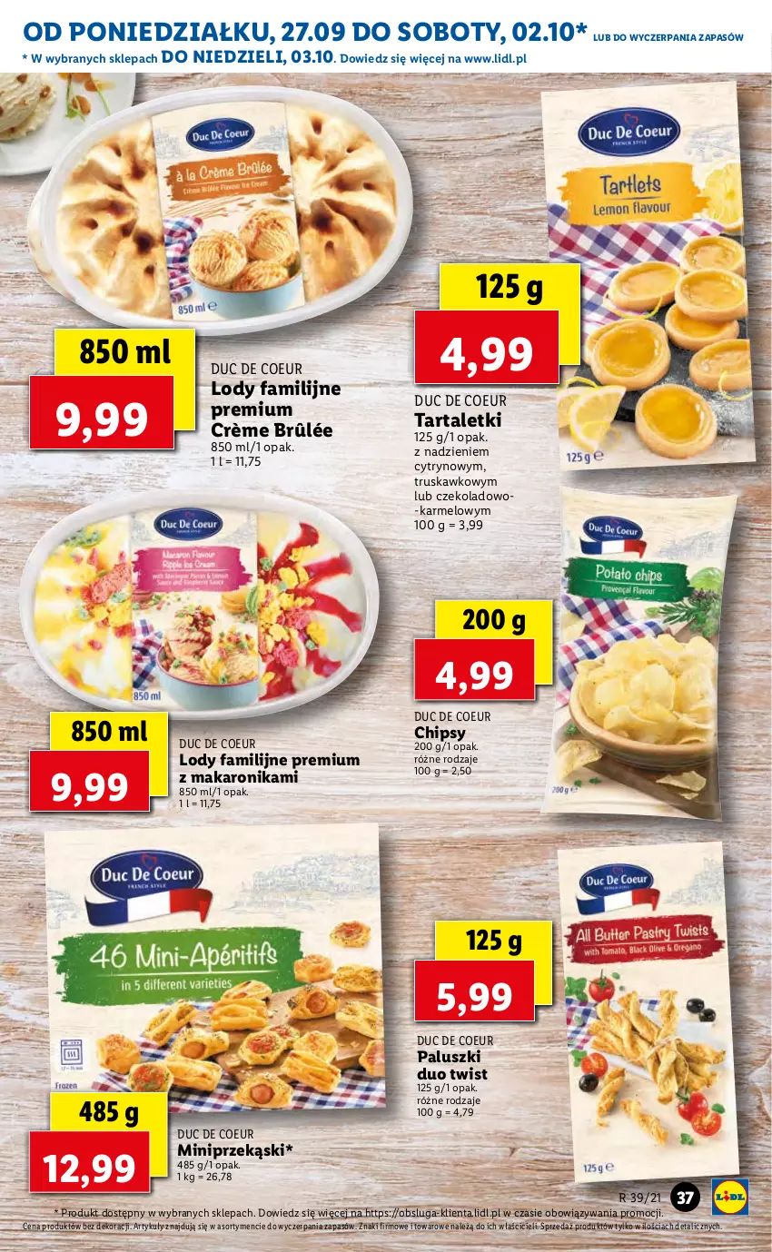 Gazetka promocyjna Lidl - GAZETKA - ważna 27.09 do 29.09.2021 - strona 37 - produkty: Chipsy, Crème brûlée, Fa, Lody, Makaron, Tarta