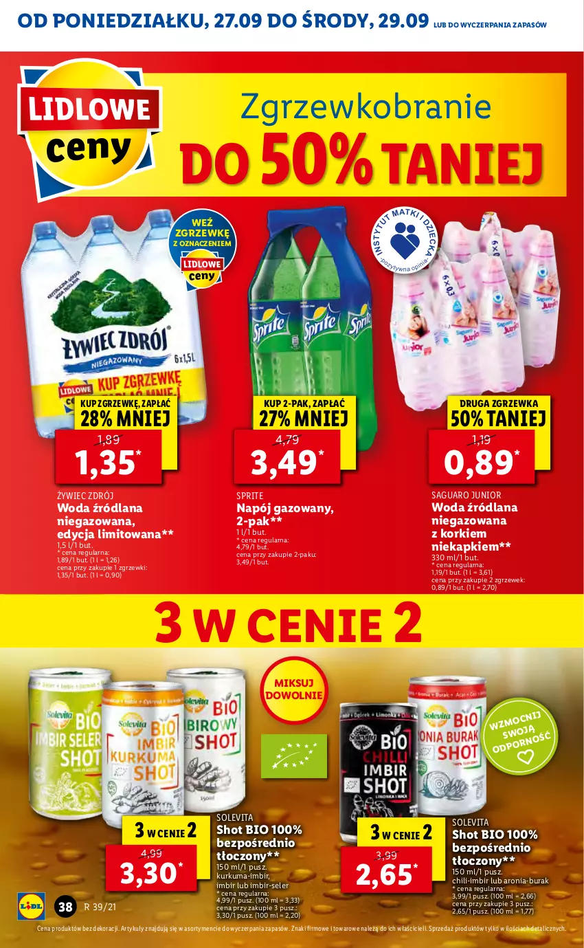 Gazetka promocyjna Lidl - GAZETKA - ważna 27.09 do 29.09.2021 - strona 38 - produkty: Aronia, Imbir, Kurkuma, LANA, Napój, Napój gazowany, Sprite, Woda