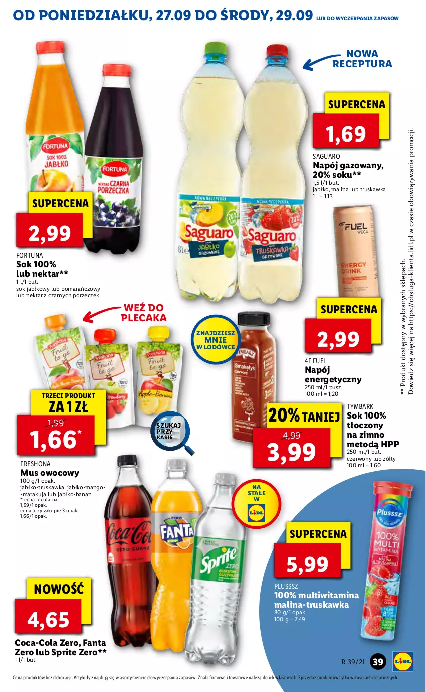 Gazetka promocyjna Lidl - GAZETKA - ważna 27.09 do 29.09.2021 - strona 39 - produkty: Coca-Cola, Fa, Fanta, Fortuna, HP, Mango, Mus, Napój, Napój energetyczny, Napój gazowany, Nektar, Plecak, Por, Sok, Sok jabłkowy, Sprite, Tymbark