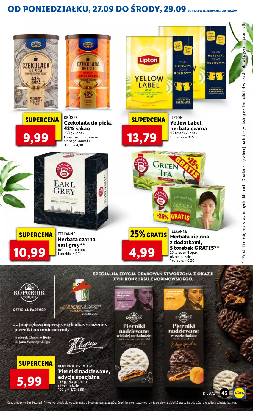 Gazetka promocyjna Lidl - GAZETKA - ważna 27.09 do 29.09.2021 - strona 43 - produkty: Czekolada, Earl Grey, Gra, Herbata, Herbata czarna, Kakao, Lipton, Piernik, Teekanne, Torebka