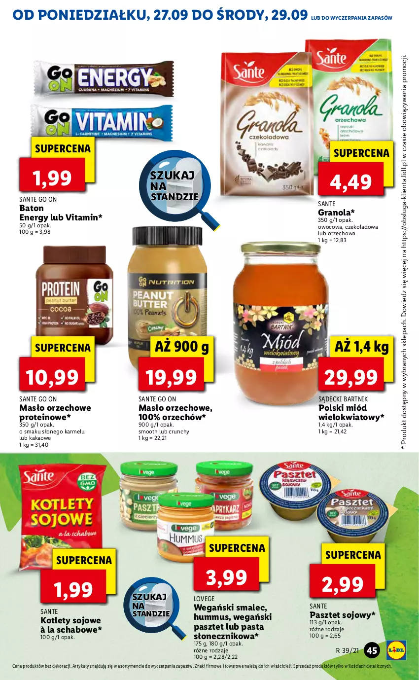 Gazetka promocyjna Lidl - GAZETKA - ważna 27.09 do 29.09.2021 - strona 45 - produkty: Baton, Gra, Granola, Hummus, Kakao, Kotlet, Masło, Masło orzechowe, Miód, Mus, Pasztet, Sante, Smalec