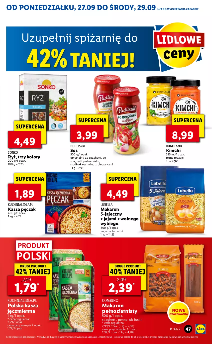 Gazetka promocyjna Lidl - GAZETKA - ważna 27.09 do 29.09.2021 - strona 47 - produkty: Bell, Bella, Gin, Jaja, Kasza, Kasza jęczmienna, Kuchnia, Lubella, Makaron, Penne, Piec, Pieczarka, Pudliszki, Runoland, Ryż, Sonko, Sos, Spaghetti