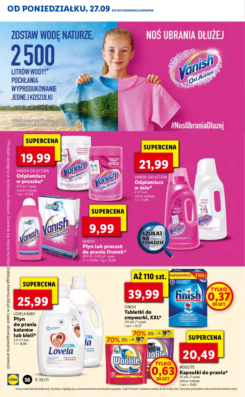 Gazetka promocyjna Lidl - GAZETKA - ważna 27.09 do 29.09.2021 - strona 56 - produkty: Finish, Kapsułki do prania, Lovela, Odplamiacz, Płyn do prania, Proszek do prania, Tablet, Tabletki do zmywarki, Vanish, Woolite, Zmywarki