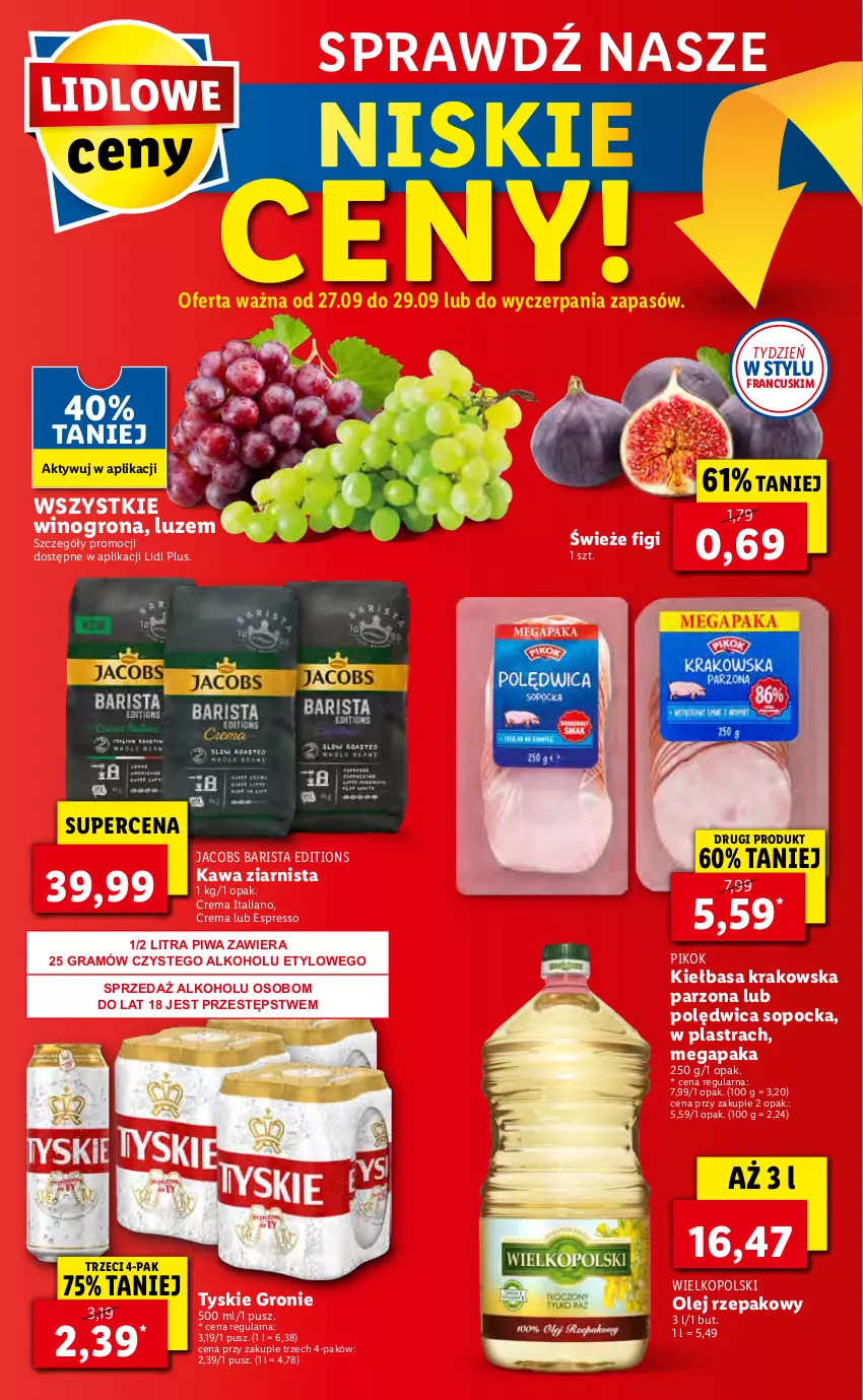 Gazetka promocyjna Lidl - GAZETKA - ważna 27.09 do 29.09.2021 - strona 60 - produkty: Figi, Gra, Jacobs, Kawa, Kawa ziarnista, Kiełbasa, Kiełbasa krakowska, Olej, Olej rzepakowy, PIKOK, Piwa, Polędwica, Tyskie, Wino, Winogrona