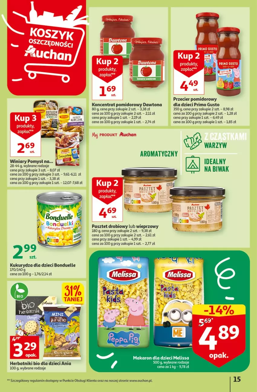 Gazetka promocyjna Auchan - Gazetka Radosny Dzień Dziecka Hipermarket Auchan - ważna 25.05 do 31.05.2023 - strona 15 - produkty: BIC, Bonduelle, Dawtona, Dzieci, Herbatniki, Koncentrat pomidorowy, Kukurydza, Makaron, Pasztet, Winiary