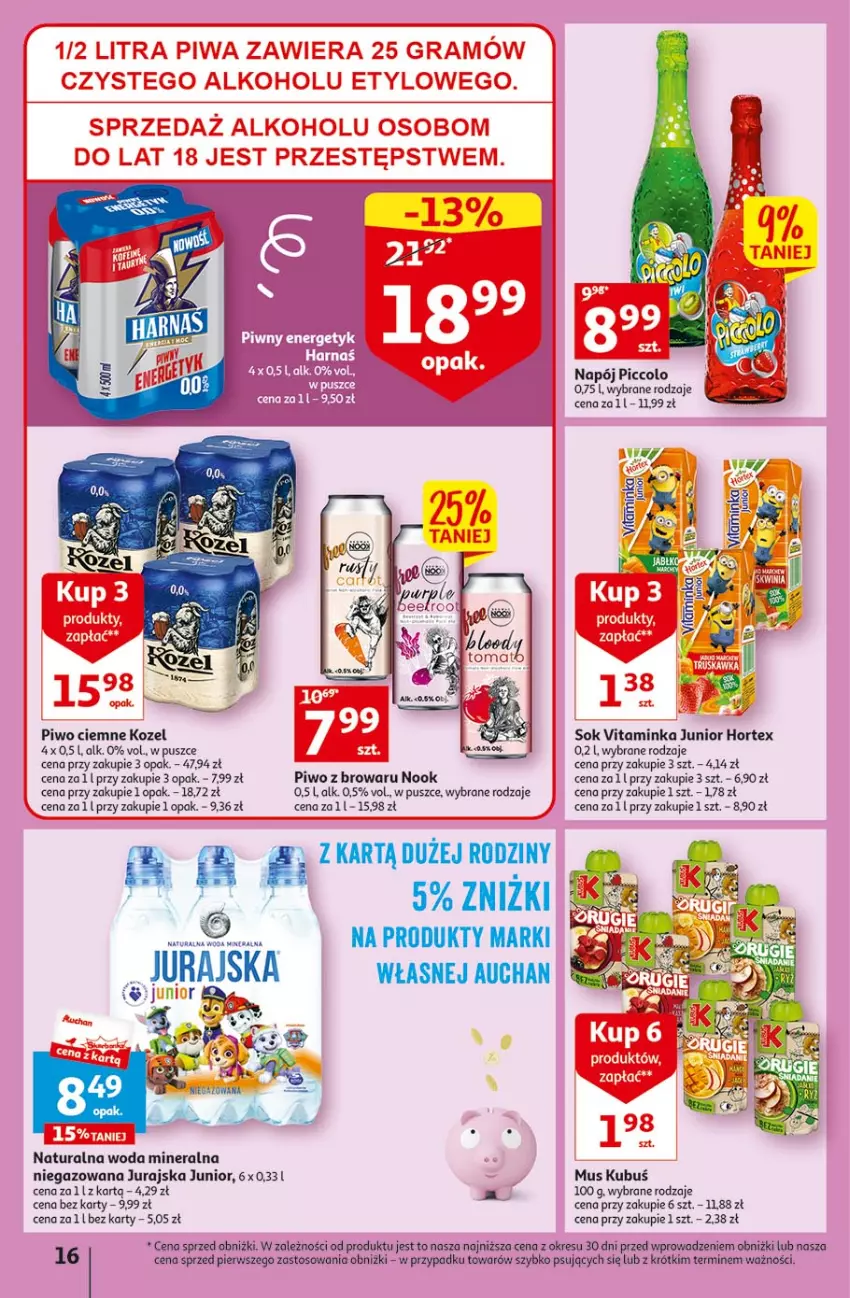 Gazetka promocyjna Auchan - Gazetka Radosny Dzień Dziecka Hipermarket Auchan - ważna 25.05 do 31.05.2023 - strona 16 - produkty: Hortex, Inka, Kozel, Kubuś, Mus, Napój, O nas, Piwo, Sok, Woda, Woda mineralna