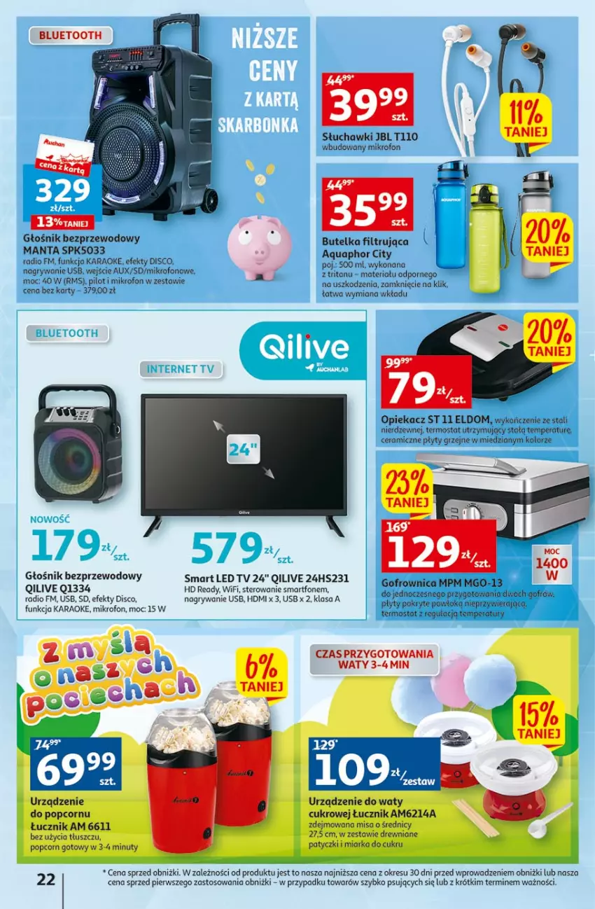 Gazetka promocyjna Auchan - Gazetka Radosny Dzień Dziecka Hipermarket Auchan - ważna 25.05 do 31.05.2023 - strona 22 - produkty: Głośnik, Gofrownica, Gry, HD ready, JBL, LED TV, Miarka, Mikrofon, Nuty, O nas, Płyty grzejne, Popcorn, Por, Słuchawki, Smartfon, Termos