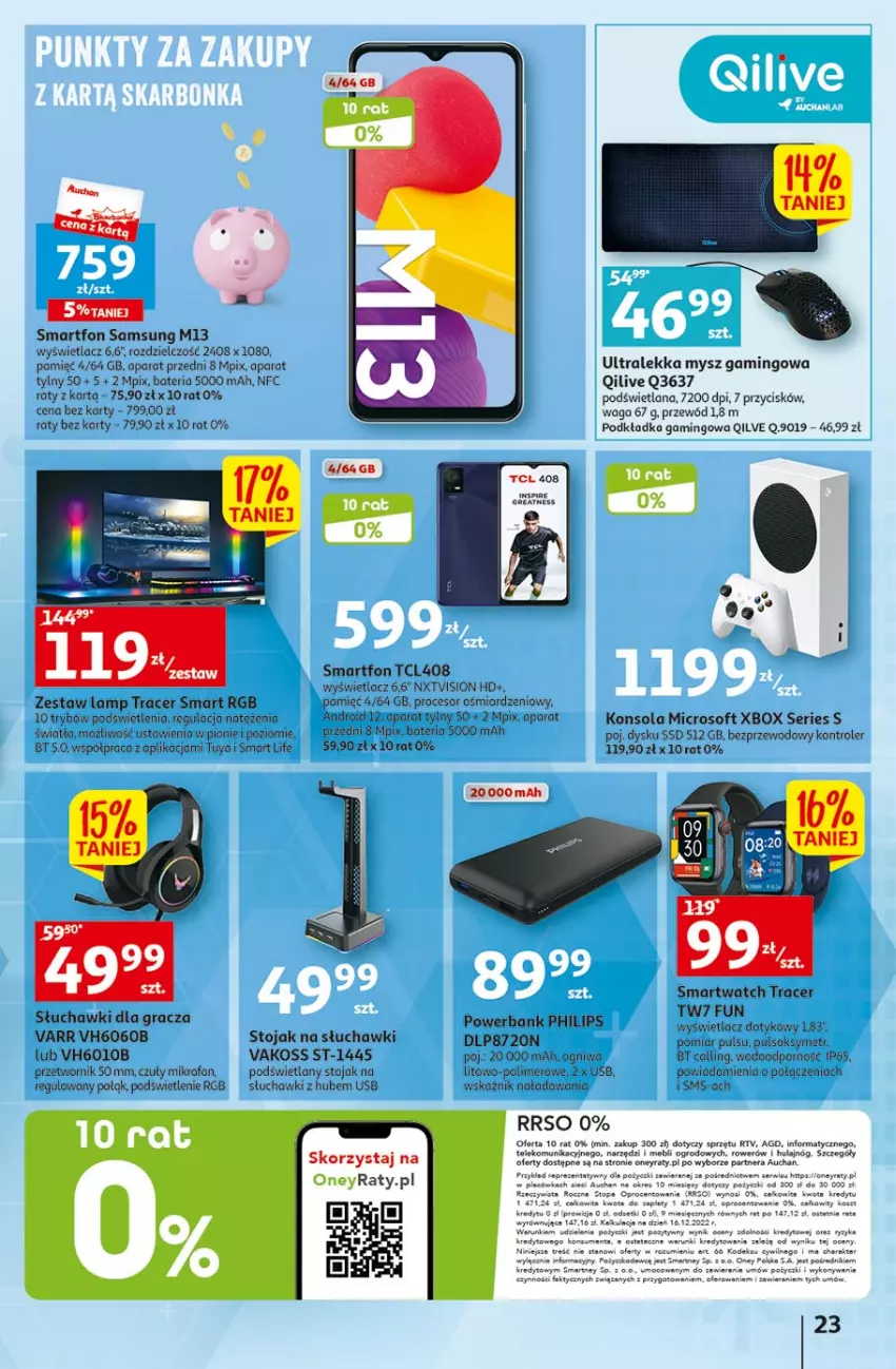 Gazetka promocyjna Auchan - Gazetka Radosny Dzień Dziecka Hipermarket Auchan - ważna 25.05 do 31.05.2023 - strona 23 - produkty: Acer, Bateria, Gra, Konsola, Kontroler, Kosz, LANA, Mikrofon, Mysz, Philips, Podkład, Podkładka, Podkładka gamingowa, Por, Powerbank, Procesor, Przewód, Rower, Samsung, Ser, Słuchawki, Smartfon, Smartwatch, Sok, Stojak, Top, Waga, Xbox