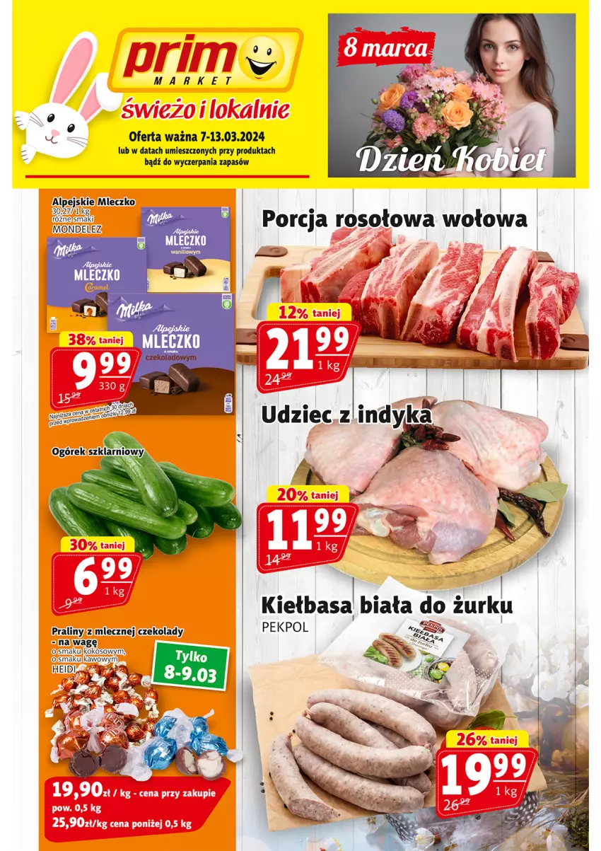 Gazetka promocyjna Prim Market - ważna 07.03 do 13.03.2024 - strona 1 - produkty: Kiełbasa, Kiełbasa biała, Kokos, Mleczko, Ogórek, Pekpol, Praliny