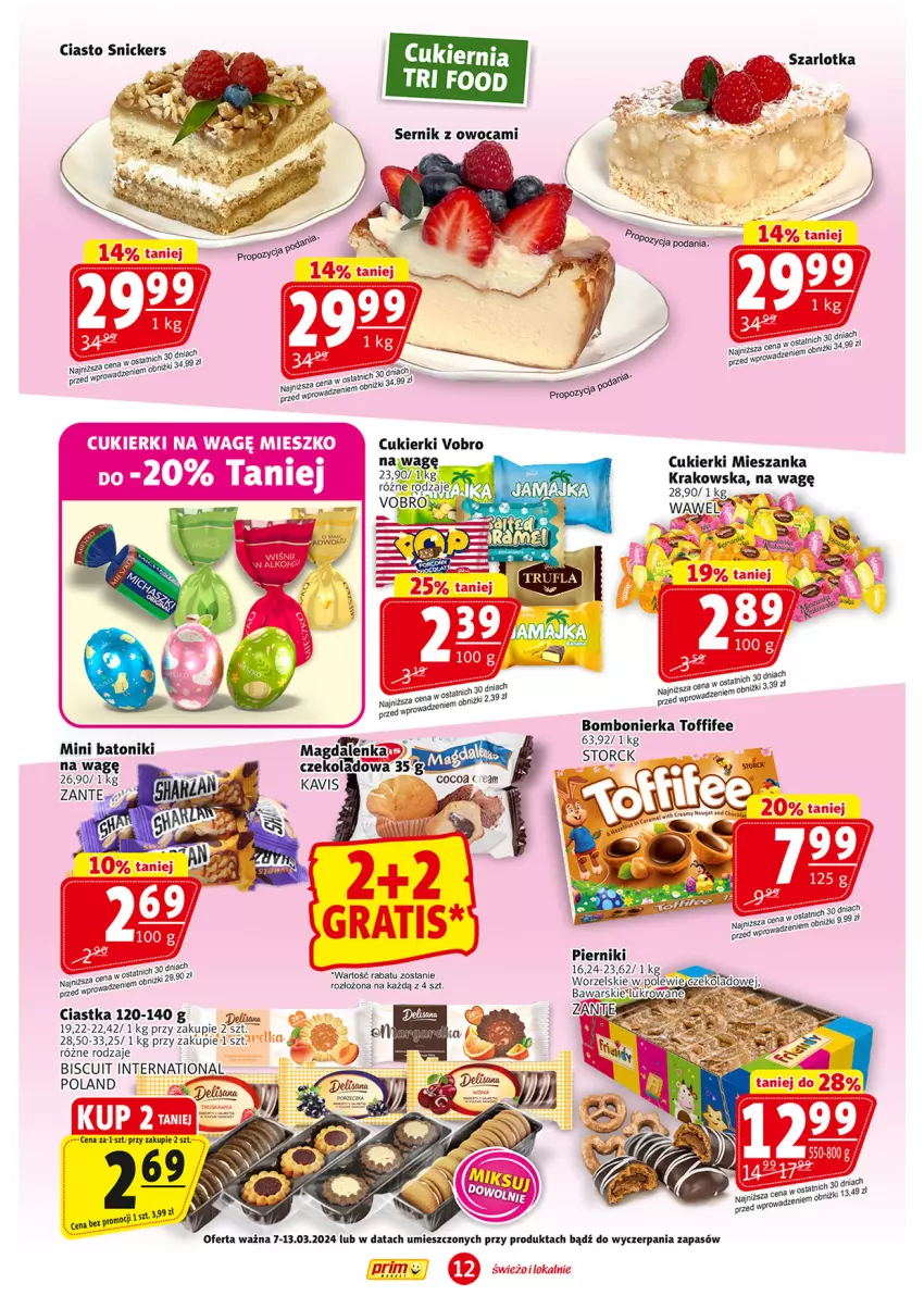 Gazetka promocyjna Prim Market - ważna 07.03 do 13.03.2024 - strona 12 - produkty: Baton, Ciastka, Cukier, Cukierki, Piernik, Por, Ser, Snickers, Szarlotka, Toffifee, Tonik