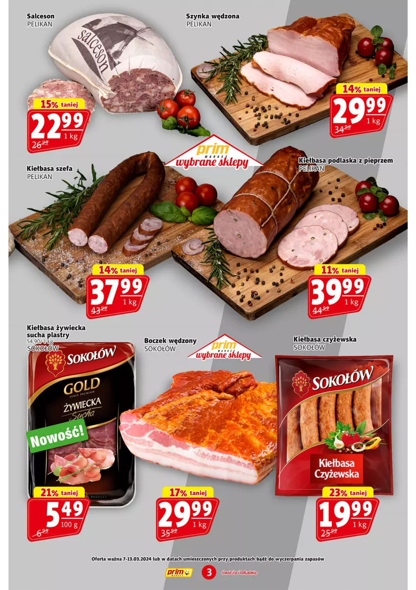 Gazetka promocyjna Prim Market - ważna 07.03 do 13.03.2024 - strona 3 - produkty: Boczek, Fa, Kiełbasa, Pieprz, Salceson, Sok, Sokołów, Szynka