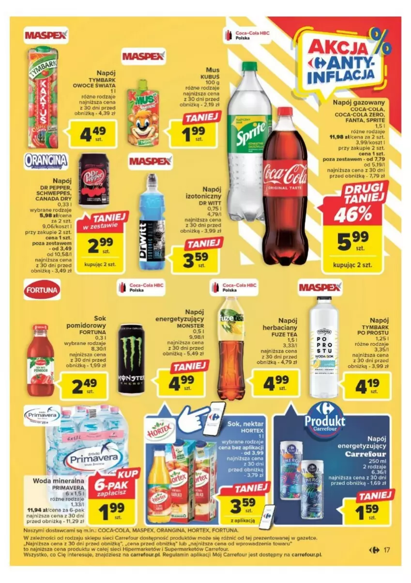 Gazetka promocyjna Carrefour - ważna 21.11 do 02.12.2023 - strona 11 - produkty: Coca-Cola, Fa, Fanta, Fortuna, Gin, Hortex, Kosz, Napój, Napój gazowany, Nektar, Owoce, Prima, Primavera, Schweppes, Sok, Sprite, Tymbark, Woda, Woda mineralna