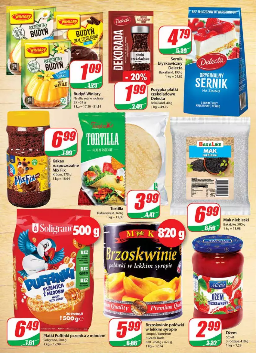 Gazetka promocyjna Dino - Gazetka - ważna 16.03 do 22.03.2022 - strona 6 - produkty: Bakalland, Brzoskwinie, Budyń, Delecta, Dżem, Gra, Kakao, Mascarpone, Puf, Ser, Soligrano, Syrop, Tortilla, Winiary