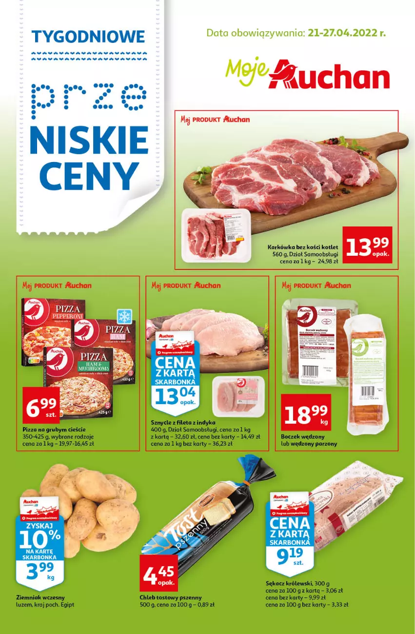 Gazetka promocyjna Auchan - Tygodniowe przeNISKIE CENY Moje Auchan - ważna 21.04 do 27.04.2022 - strona 1 - produkty: Boczek, Chleb, Chleb tostowy, Kotlet, Królewski, Pizza, Sękacz