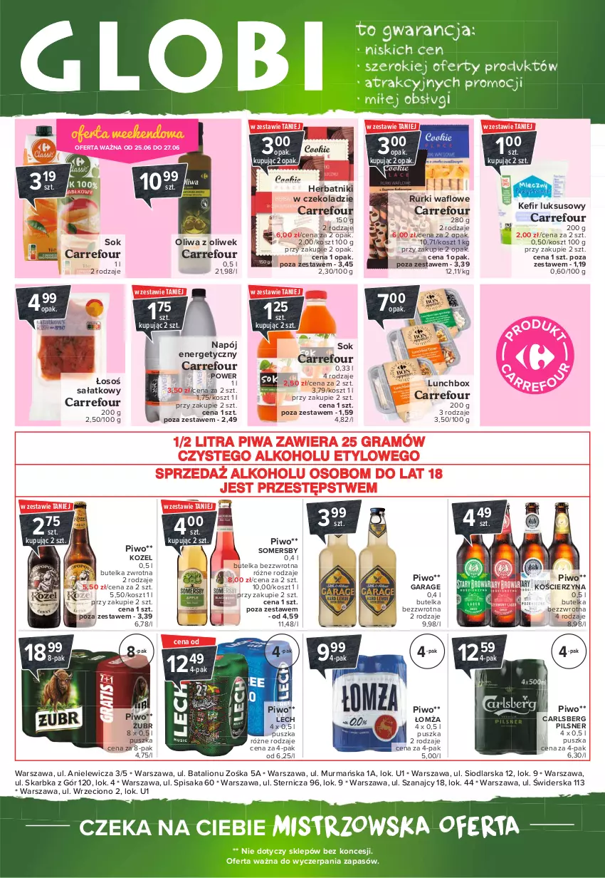 Gazetka promocyjna Carrefour - Gazetka Globi - ważna 21.06 do 28.06.2021 - strona 2 - produkty: Carlsberg, Gra, Herbatniki, Kosz, Kozel, Lion, Napój, Napój energetyczny, Oliwa z oliwek, Piwa, Piwo, Rurki, Sałat, Sok, Somersby