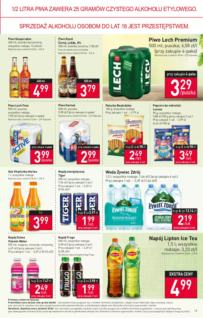 Gazetka promocyjna Stokrotka - Market - ważna 22.02 do 28.02.2024 - strona 14 - produkty: Beskidzki, Desperados, Fa, Gra, Harnaś, Hortex, Ice tea, Inka, Kozel, Lech Premium, Lipton, Lorenz, Magnez, Mięso, Napój, Napój energetyczny, Oshee, Owoce, Piwa, Piwo, Popcorn, Sok, Tiger, Warzywa, Woda