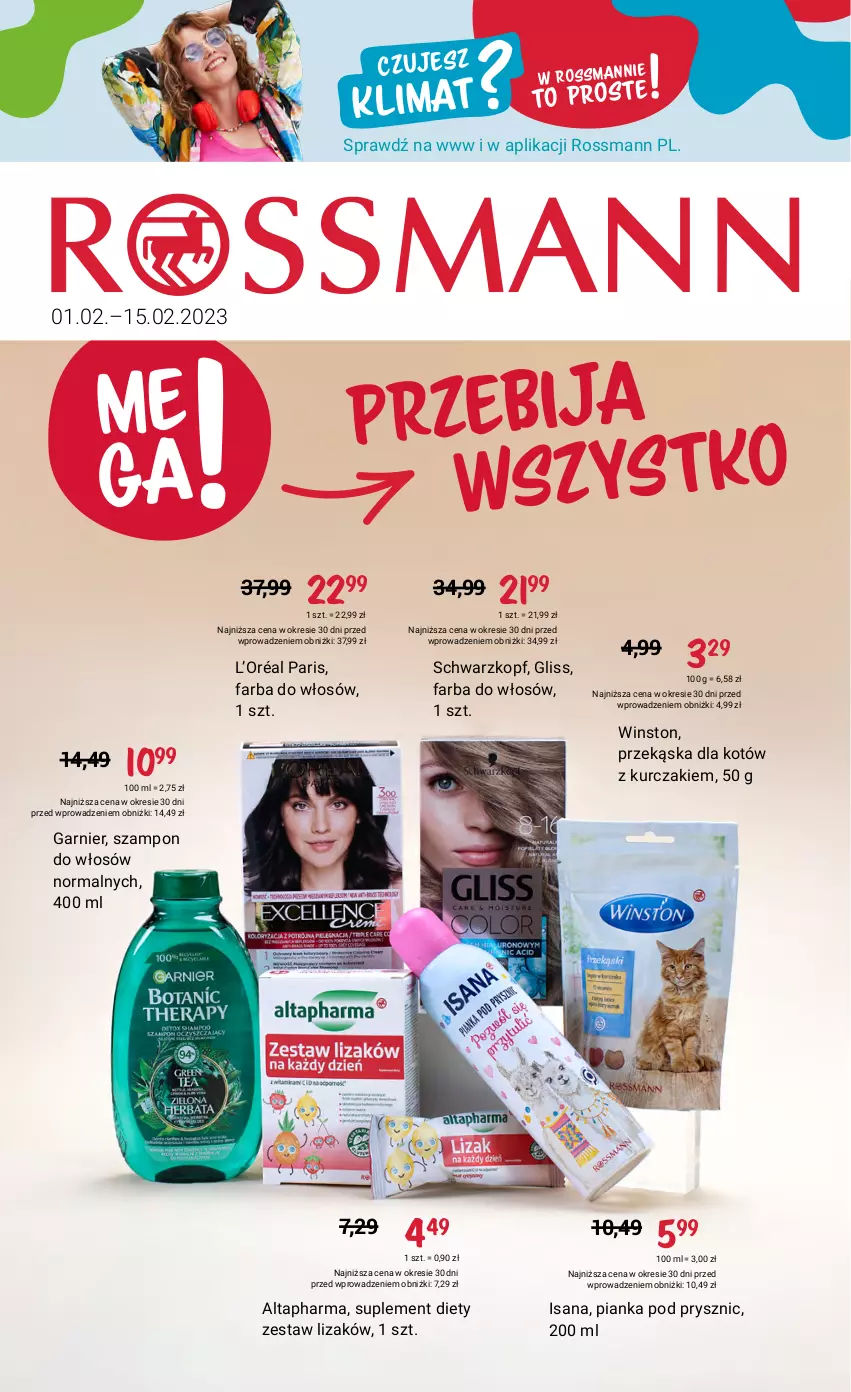 Gazetka promocyjna Rossmann - 1 lutego - ważna 01.02 do 15.02.2023 - strona 1 - produkty: Fa, Farba do włosów, Garnier, Isana, Kurczak, L’Oréal, Pianka pod prysznic, Przekąska dla kotów, Schwarzkopf, Suplement diety, Szampon, Winston