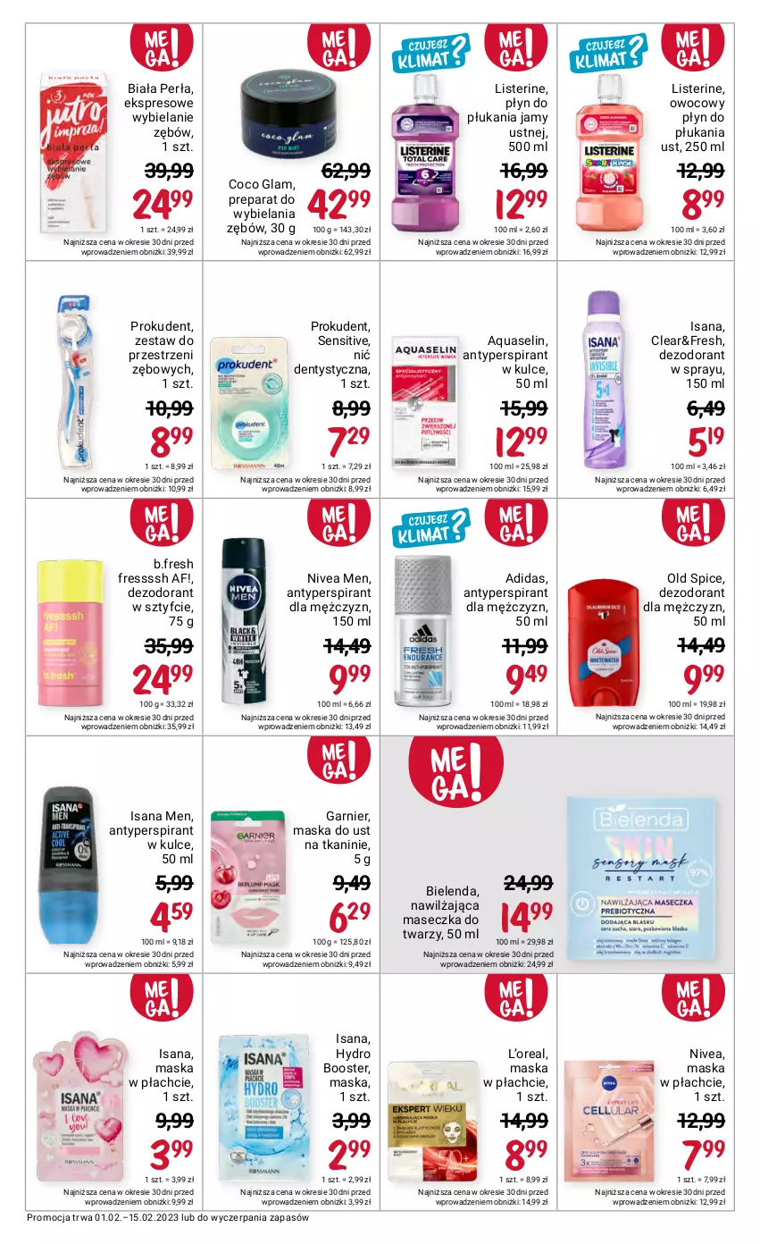 Gazetka promocyjna Rossmann - 1 lutego - ważna 01.02 do 15.02.2023 - strona 7 - produkty: Adidas, Antyperspirant, Aquaselin, Bielenda, Booster, Dezodorant, Garnier, Isana, Listerine, Maska, Maska w płachcie, Nić dentystyczna, Nivea, Nivea Men, Old Spice, Perła, Płyn do płukania, Płyn do płukania jamy ustnej, Prokudent