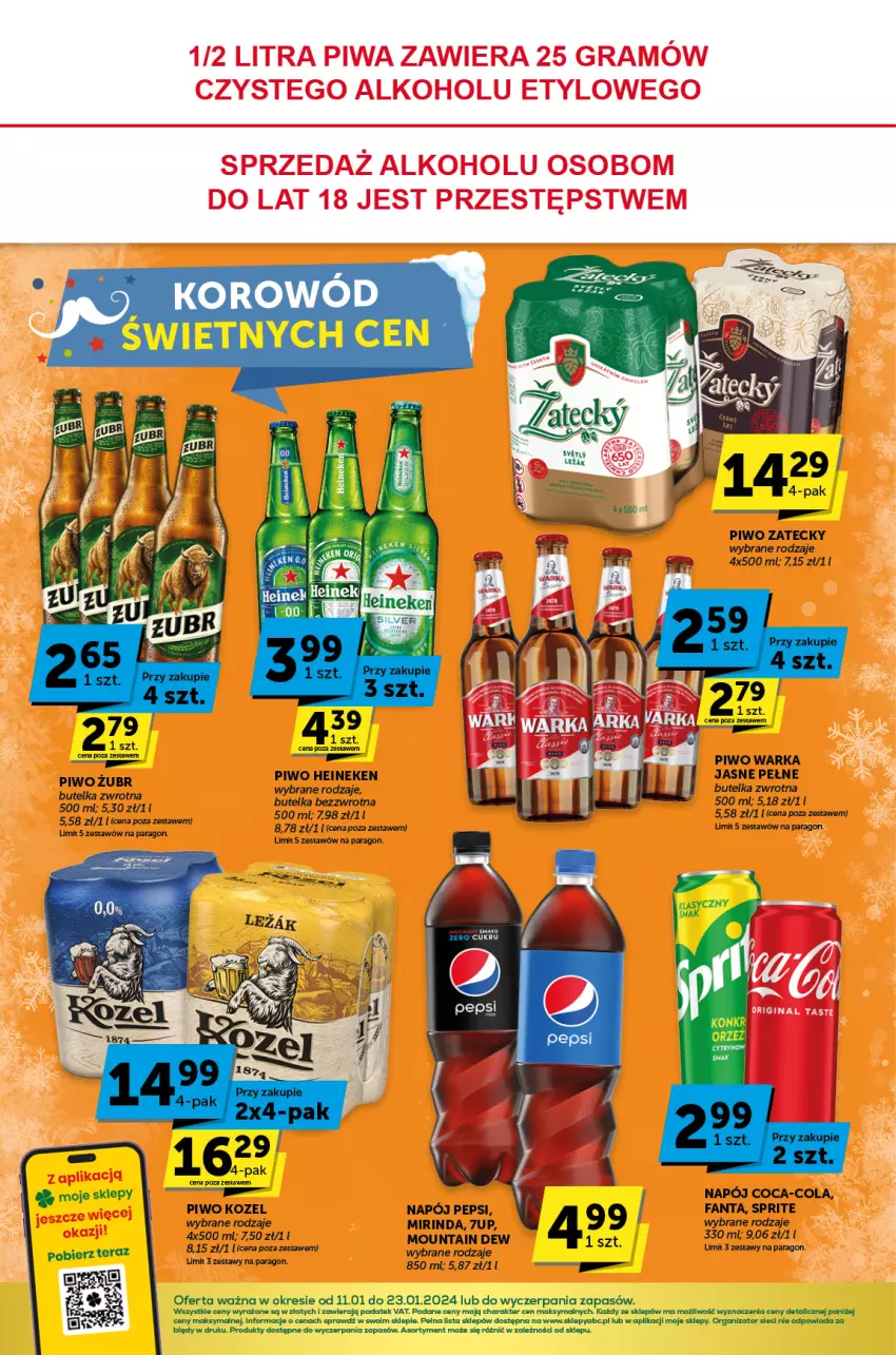 Gazetka promocyjna ABC - ważna 11.01 do 23.01.2024 - strona 4 - produkty: 7up, Coca-Cola, Fa, Fanta, Heineken, Kozel, Mirinda, Napój, Pepsi, Piwo, Sprite, Tera, Warka