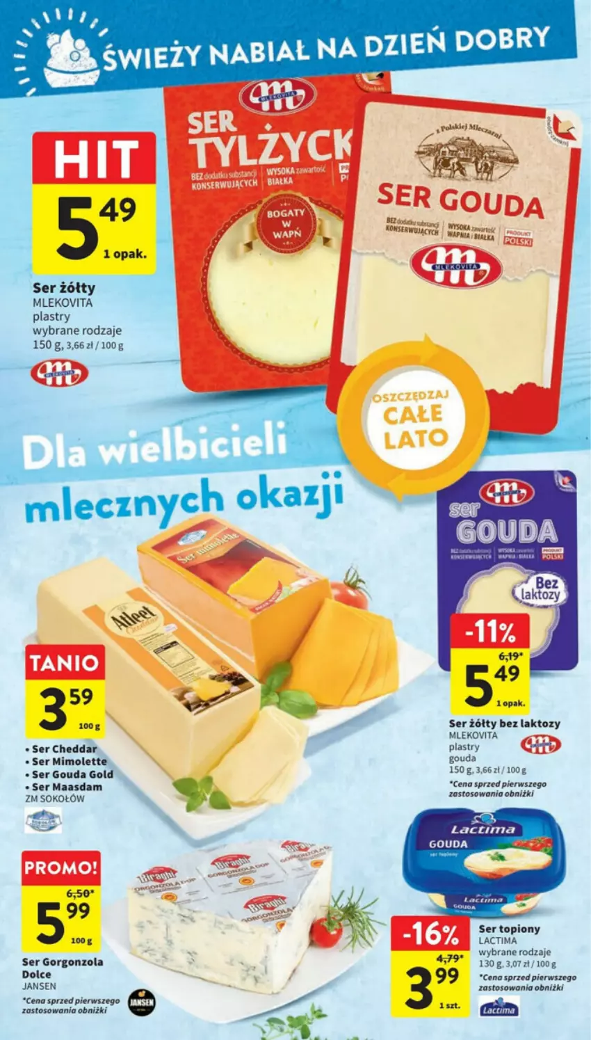 Gazetka promocyjna Intermarche - ważna 24.08 do 30.08.2023 - strona 13 - produkty: Cheddar, Fa, Gorgonzola, Gouda, Maasdam, Mimolette, Mleko, Mlekovita, Ser, Ser topiony, Sok, Sokołów, Top