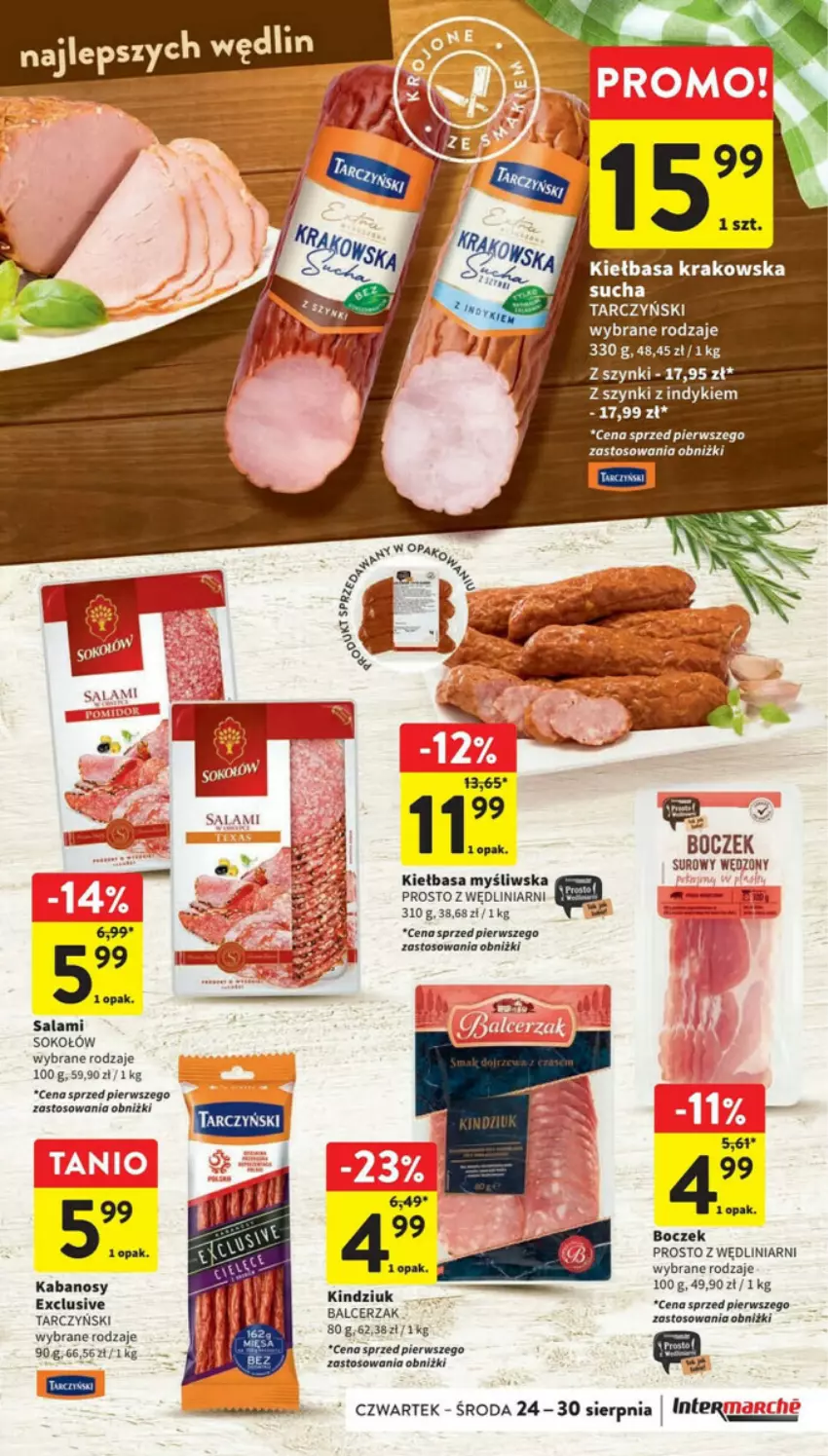 Gazetka promocyjna Intermarche - ważna 24.08 do 30.08.2023 - strona 9 - produkty: Boczek, Kabanos, Kiełbasa, Kiełbasa krakowska, Kindziuk, Salami, Sok, Sokołów, Tarczyński, Tera