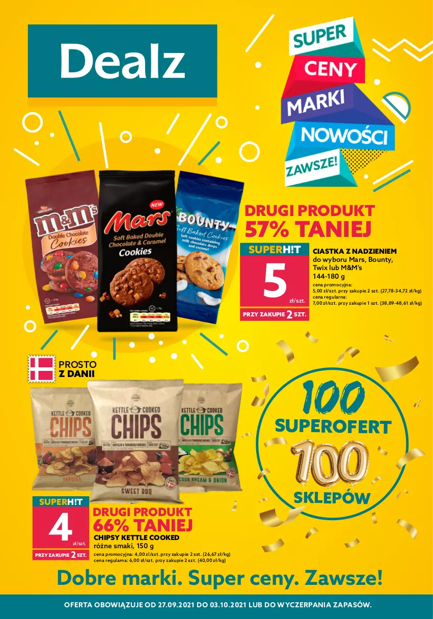 Gazetka promocyjna Dealz - Setki super okazji na 100. sklepów! - sprawdź ofertę! - ważna 27.09 do 03.10.2021 - strona 1 - produkty: Bounty, Chipsy, Ciastka, Mars, Twix