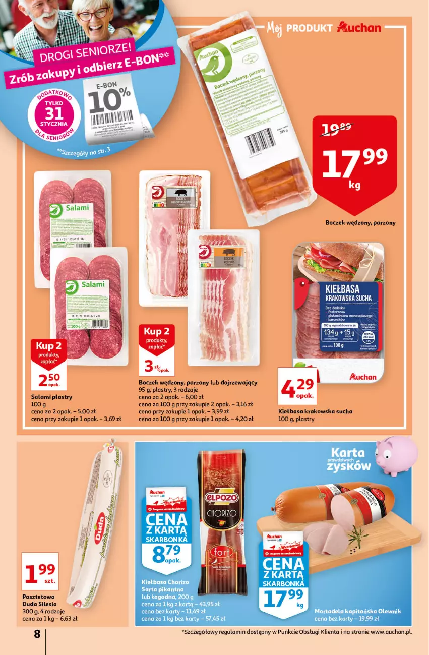 Gazetka promocyjna Auchan - przeNISKIE CENY z markami Auchan Hipermarkety - ważna 27.01 do 03.02.2022 - strona 8 - produkty: Boczek, Duda, Kiełbasa, Kiełbasa krakowska, Olewnik, Pasztet, Salami