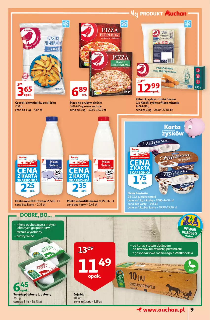 Gazetka promocyjna Auchan - przeNISKIE CENY z markami Auchan Hipermarkety - ważna 27.01 do 03.02.2022 - strona 9 - produkty: Dorsz, Mintaj, Mleko, Mleko mikrofiltrowane, Paluszki rybne, Pizza, Twaróg, Twaróg półtłusty