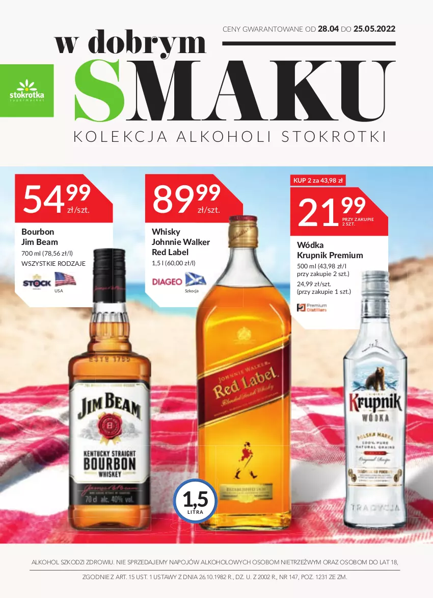 Gazetka promocyjna Stokrotka - Oferta alkoholowa - ważna 28.04 do 25.05.2022 - strona 1 - produkty: Bourbon, Jim Beam, Johnnie Walker, Koc, Krupnik, Whisky, Wódka