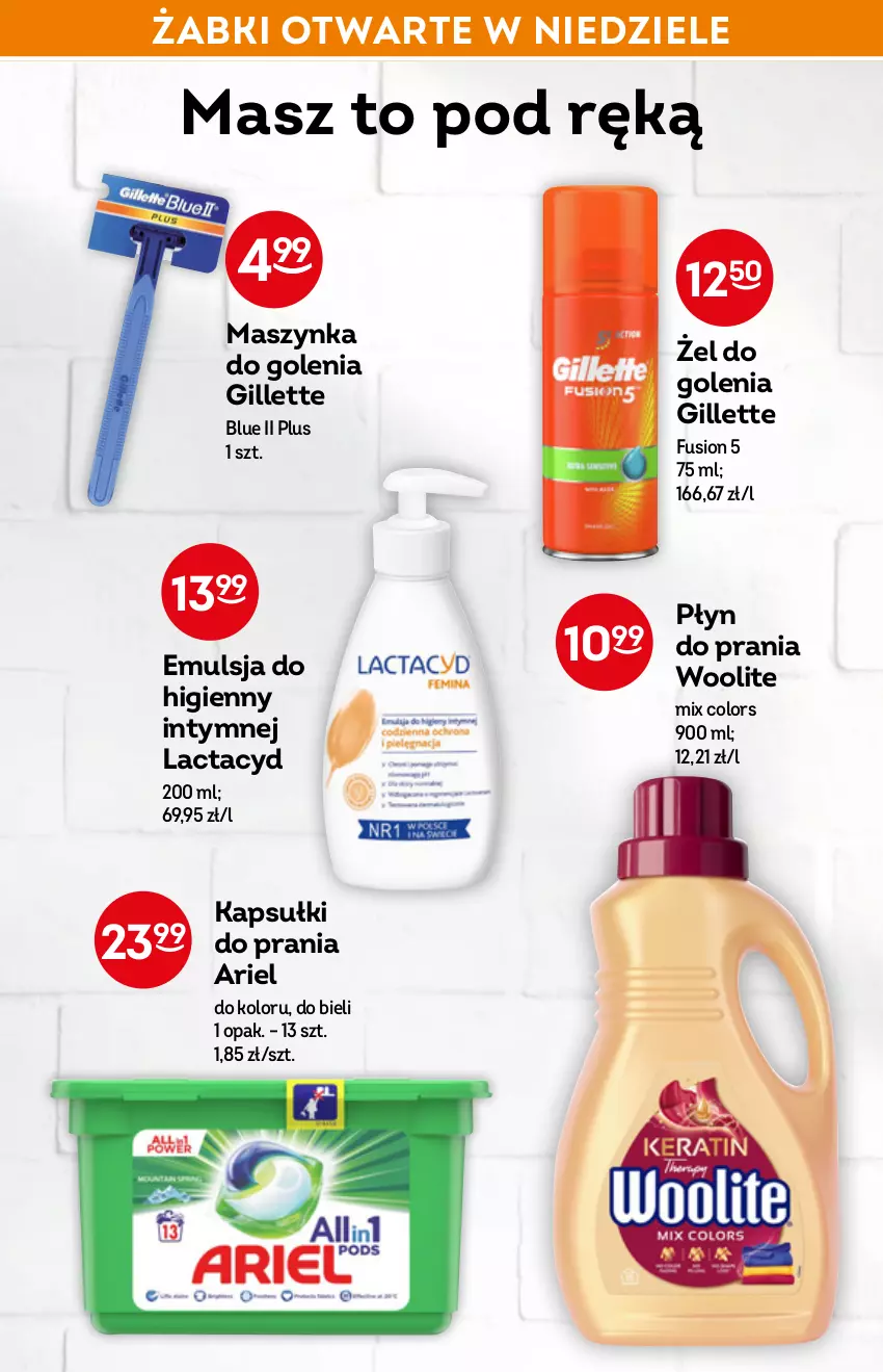 Gazetka promocyjna Żabka - ważna 16.03 do 22.03.2022 - strona 46 - produkty: Ariel, Emulsja, Fusion, Gillette, Lactacyd, Maszynka, Maszynka do golenia, Płyn do prania, Szynka, Woolite