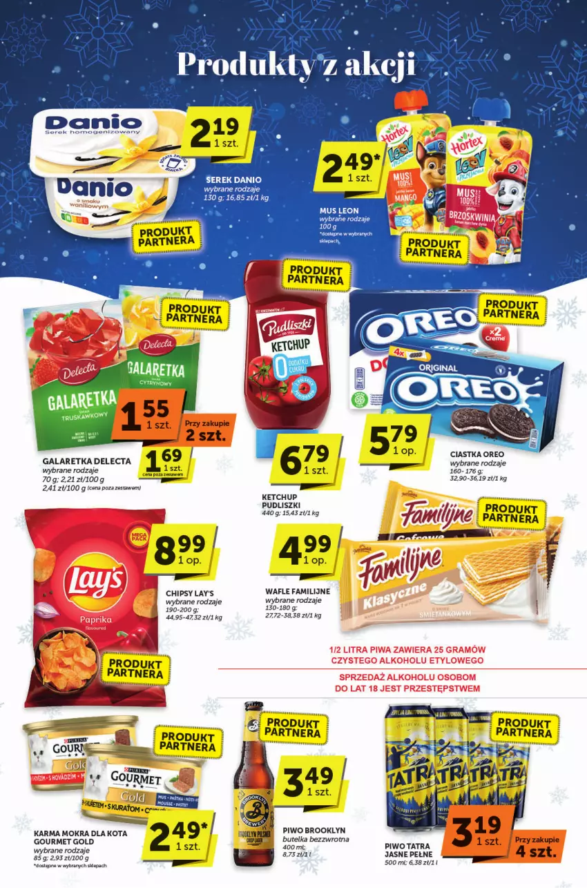 Gazetka promocyjna ABC - ważna 28.11 do 10.12.2024 - strona 5 - produkty: Chipsy, Ciastka, Danio, Delecta, Fa, Gala, Galaretka, Gin, Gourmet Gold, Ketchup, Leon, Mus, Oreo, Piwo, Pudliszki, Pur, Ser, Serek, Tatra, Wafle