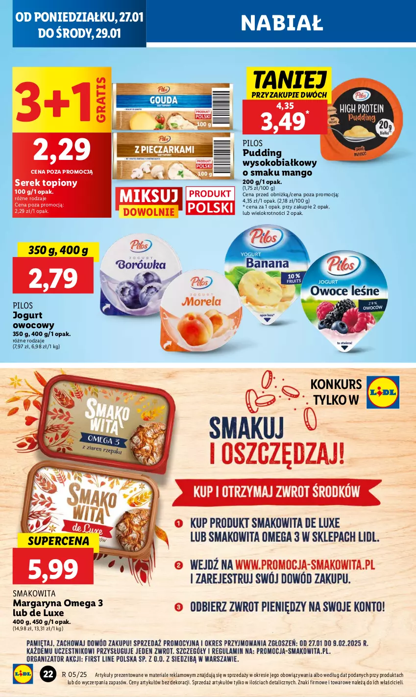 Gazetka promocyjna Lidl - GAZETKA - ważna 27.01 do 29.01.2025 - strona 26 - produkty: Gra, Jogurt, Jogurt owocowy, Mango, Margaryna, Pilos, Pudding, Ser, Serek, Smakowita, Sok, Top