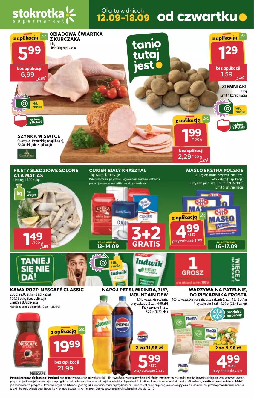 Gazetka promocyjna Stokrotka - Supermarket - ważna 12.09 do 18.09.2024 - strona 1 - produkty: 7up, Cukier, Frosta, Gra, Kawa, Kurczak, Masło, Mięso, Mirinda, Mleko, Mlekovita, Napój, Nescafé, Owoce, Pepsi, Piekarnik, Por, Szynka, Warzywa, Ziemniaki