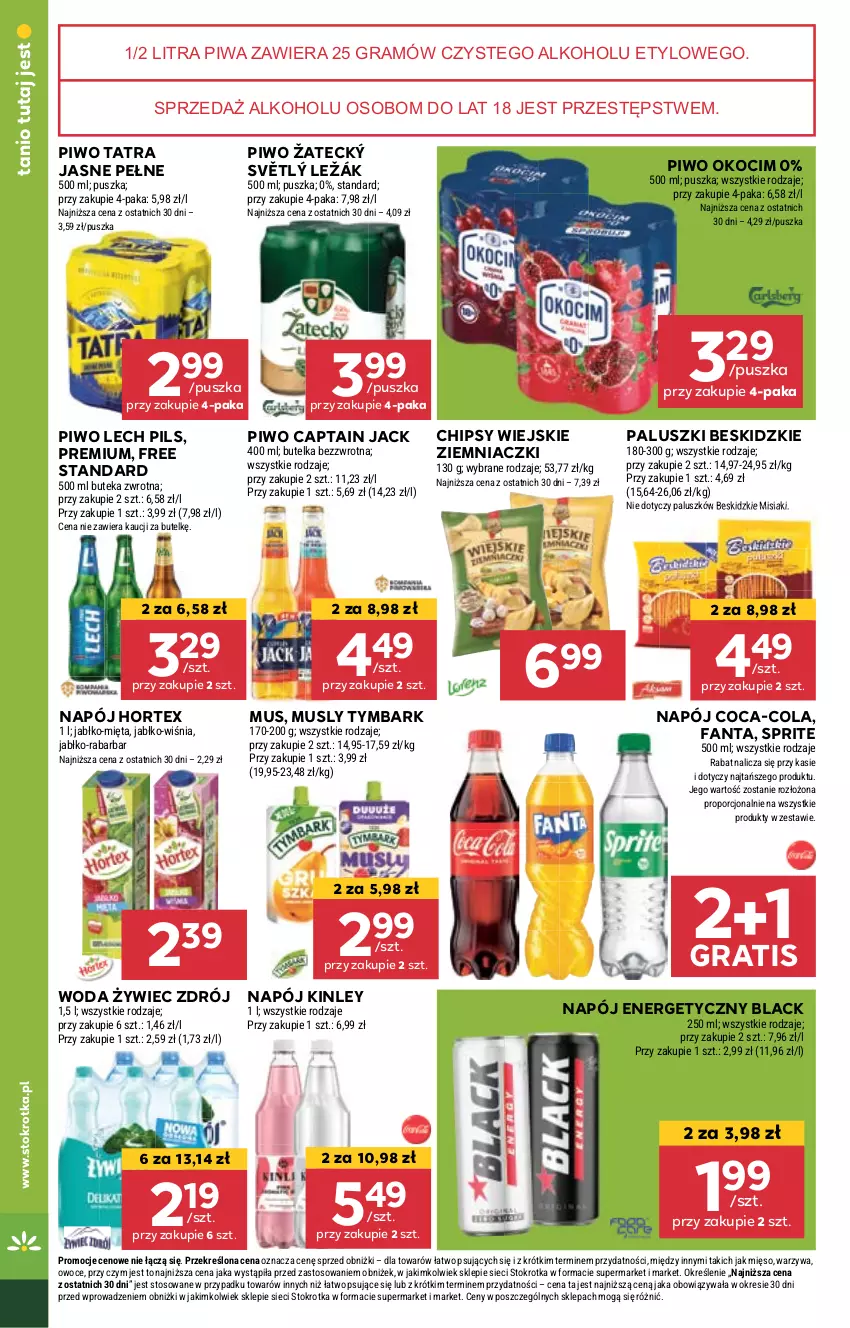 Gazetka promocyjna Stokrotka - Supermarket - ważna 12.09 do 18.09.2024 - strona 18 - produkty: Beskidzki, Captain Jack, Chipsy, Coca-Cola, Fa, Fanta, Gra, Hortex, Koc, Lack, Mięso, Mięta, Mus, Napój, Napój energetyczny, Okocim, Owoce, Piwa, Piwo, Por, Sprite, Tatra, Tymbark, Warzywa, Woda