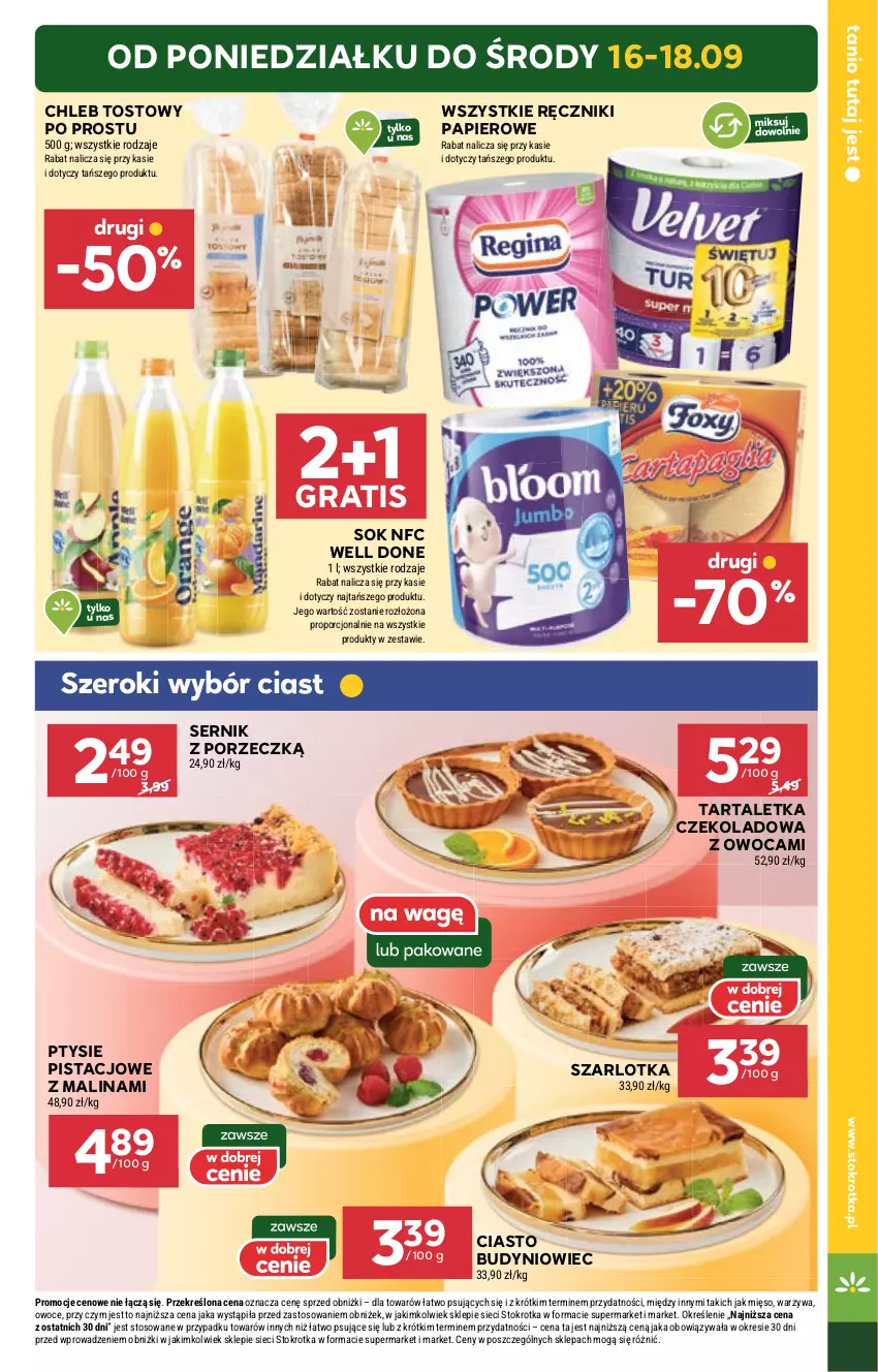 Gazetka promocyjna Stokrotka - Supermarket - ważna 12.09 do 18.09.2024 - strona 5 - produkty: Chleb, Chleb tostowy, Gra, Mięso, Owoce, Papier, Por, Ręcznik, Ręczniki papierowe, Ser, Sok, Szarlotka, Tarta, Warzywa