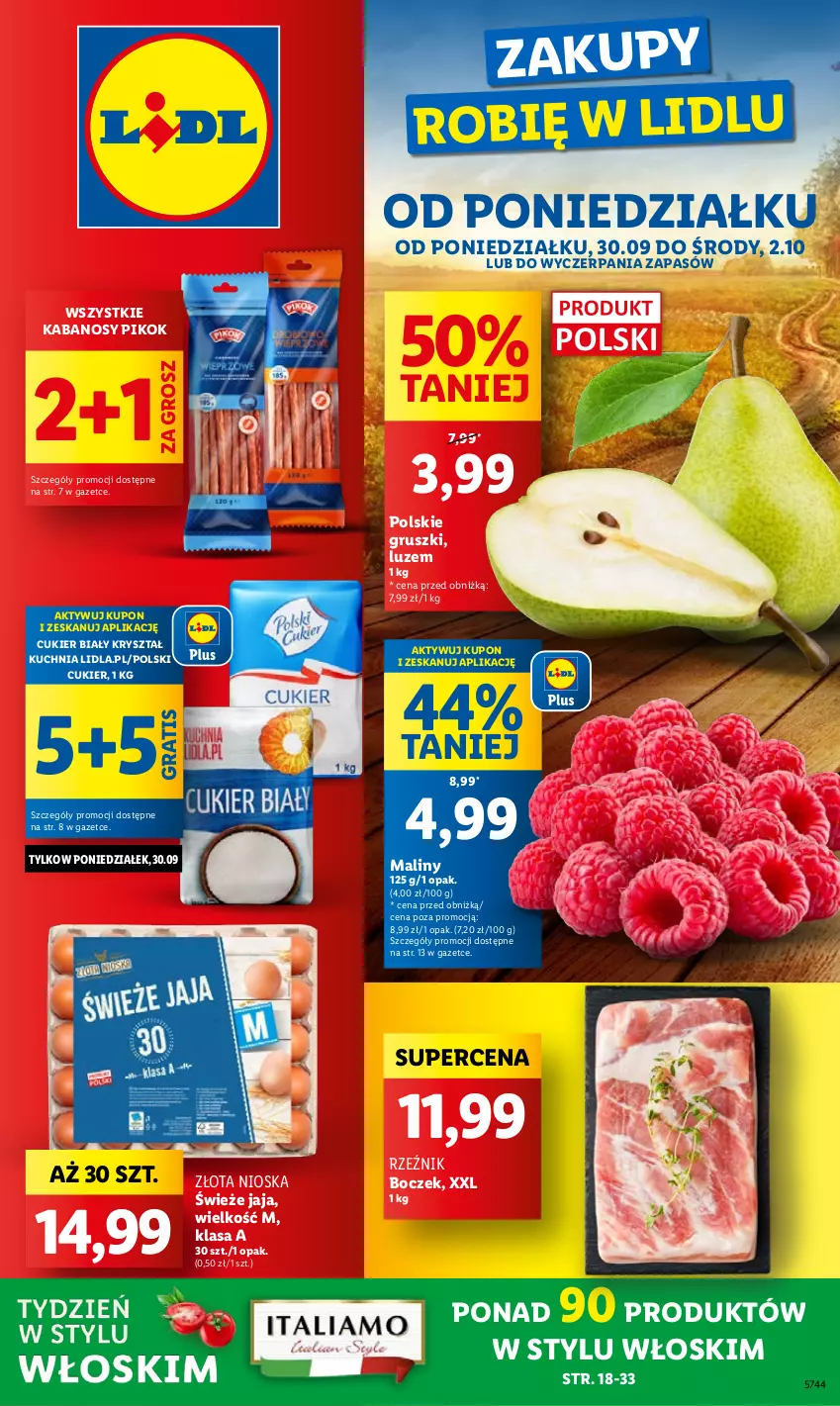 Gazetka promocyjna Lidl - GAZETKA - ważna 30.09 do 02.10.2024 - strona 1 - produkty: Boczek, Cukier, Gra, Gruszki, Jaja, Kabanos, Kuchnia, Maliny, PIKOK, Sok