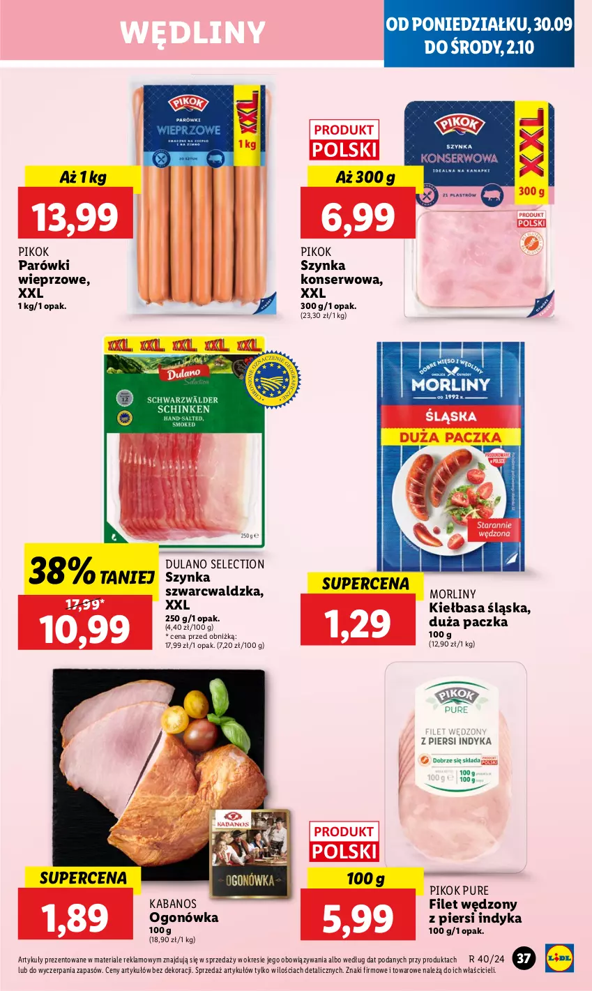 Gazetka promocyjna Lidl - GAZETKA - ważna 30.09 do 02.10.2024 - strona 41 - produkty: Dulano, Kabanos, Kiełbasa, Kiełbasa śląska, Morliny, Ogonówka, Parówki, PIKOK, Pur, Ser, Szynka, Szynka konserwowa