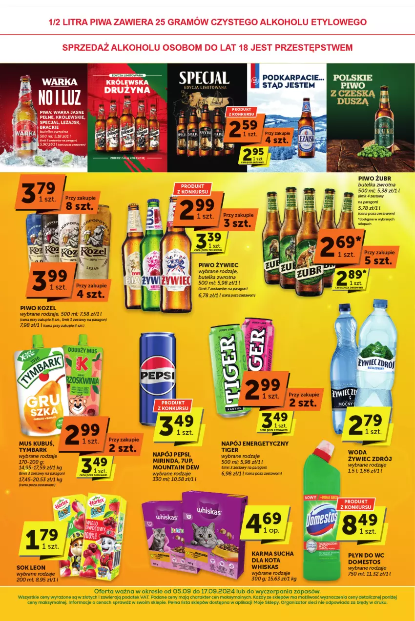 Gazetka promocyjna ABC - ważna 05.09 do 17.09.2024 - strona 4 - produkty: 7up, Domestos, Gra, Kozel, Kubuś, Leon, Mirinda, Mus, Napój, Napój energetyczny, Piwa, Piwo, Płyn do wc, Sok, Tiger, Tymbark, Whiskas