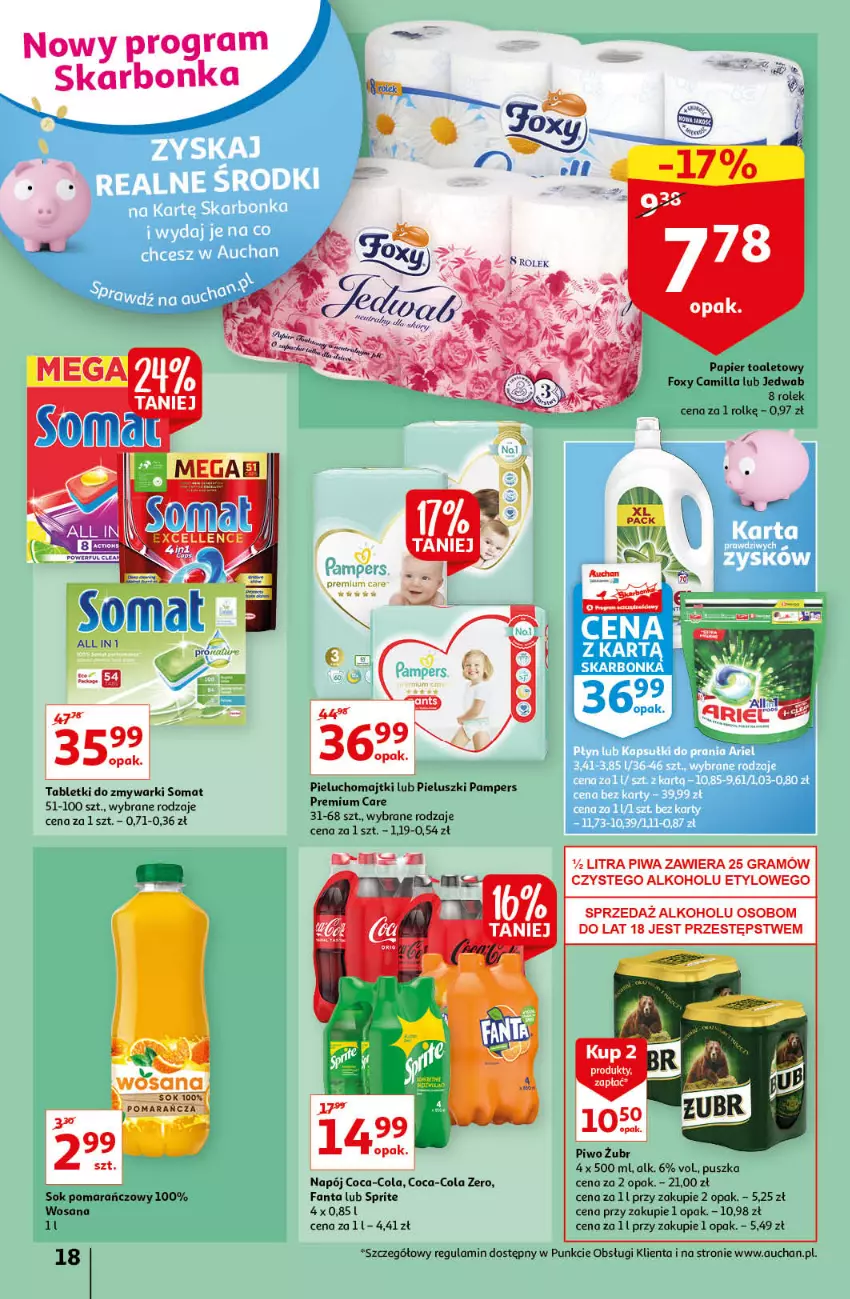 Gazetka promocyjna Auchan - przeNISKIE CENY prze smacznego Dnia Kobiet Hipermarkety - ważna 03.03 do 09.03.2022 - strona 18 - produkty: Coca-Cola, Fa, Fanta, Foxy, Gra, Majtki, Napój, Pampers, Papier, Papier toaletowy, Piwa, Piwo, Sok, Sok pomarańczowy, Somat, Sprite, Tablet, Tabletki do zmywarki, Wosana, Zmywarki